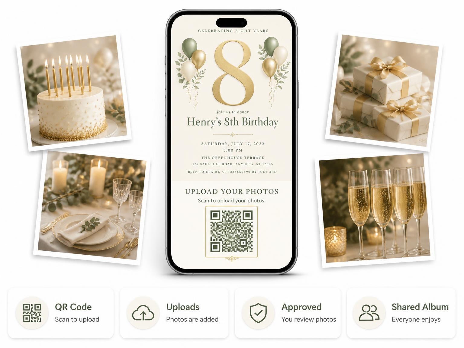 The shared photo gallery that comes with the Sage and Ivory 8th Birthday Invitation invitation