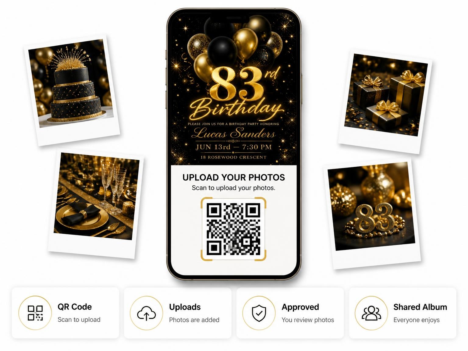 The shared photo gallery that comes with the Black and Gold Balloon 83rd Birthday invitation