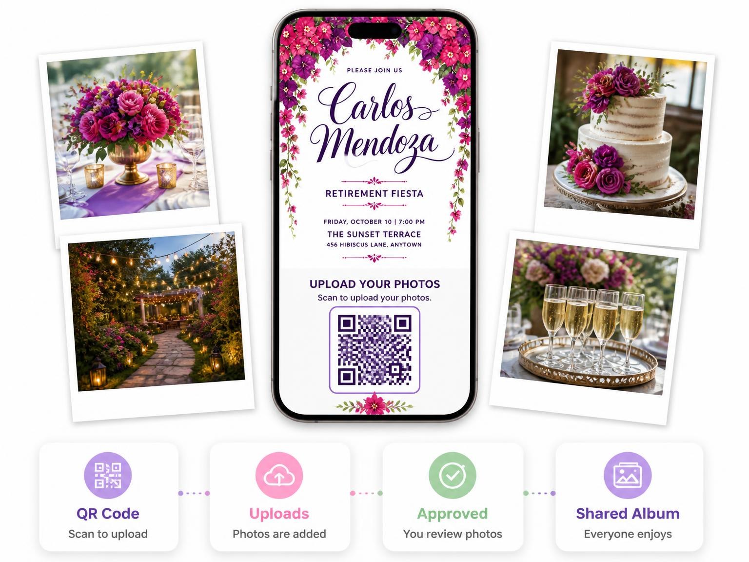 The shared photo gallery that comes with the Bougainvillea Retirement Fiesta Invitation invitation
