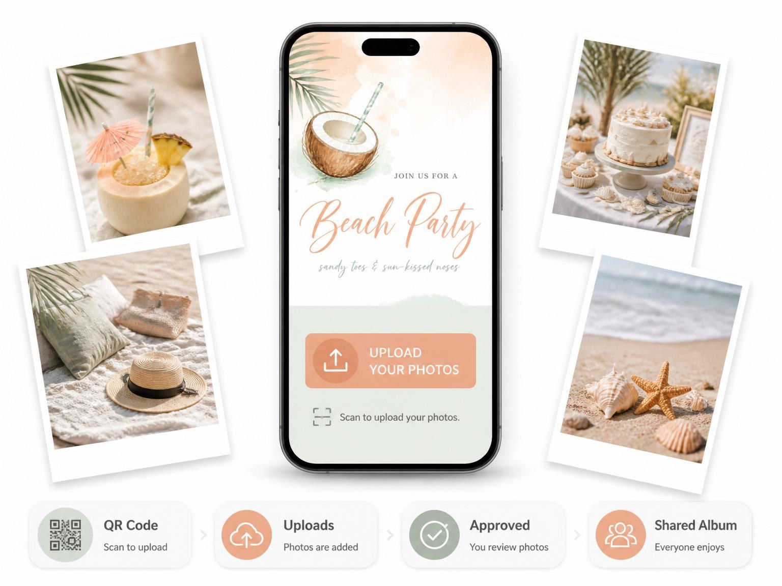 The shared photo gallery that comes with the Peach and Sage Watercolor Beach Party invitation