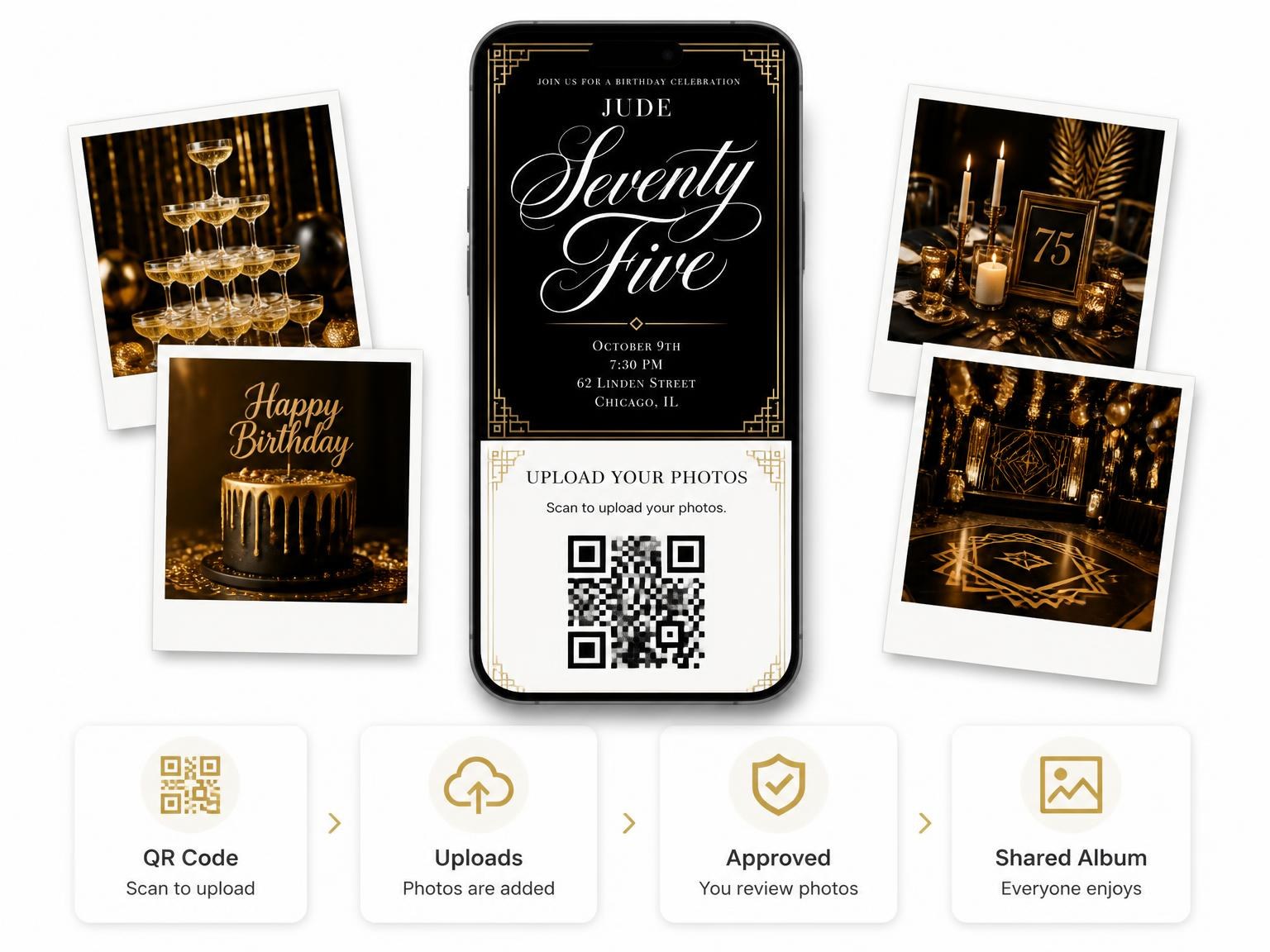 The shared photo gallery that comes with the Art Deco 75th Birthday Invitation invitation