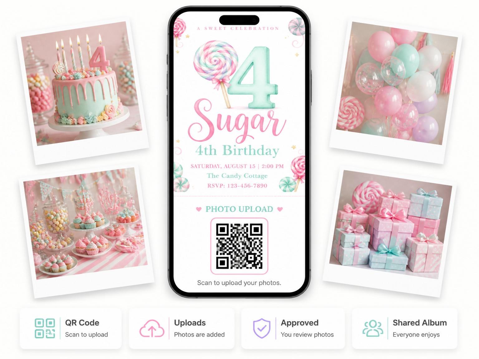 The shared photo gallery that comes with the Pastel Lollipop Candy 4th Birthday invitation