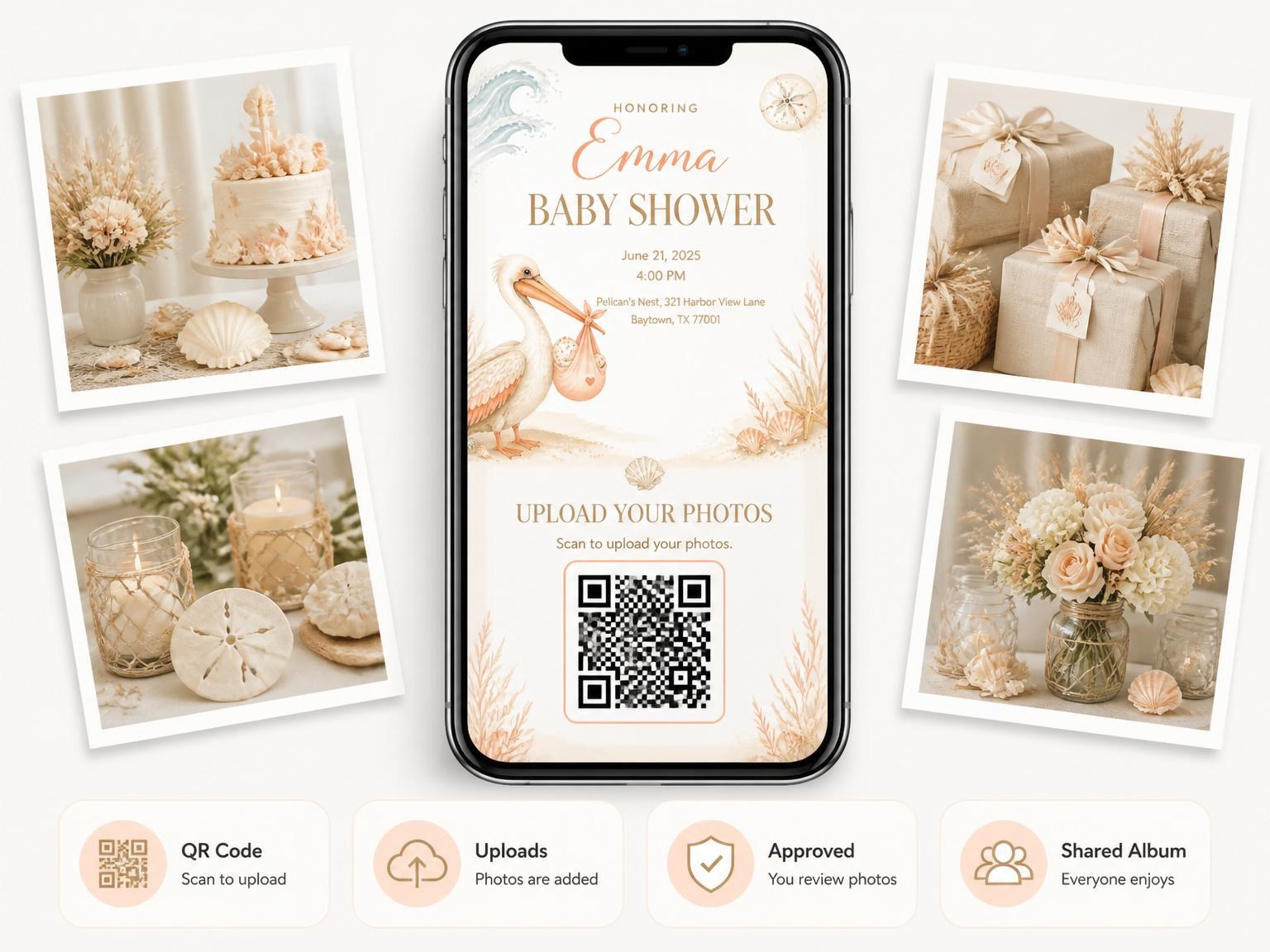 The shared photo gallery that comes with the Watercolor Pelican Coastal Baby Shower invitation