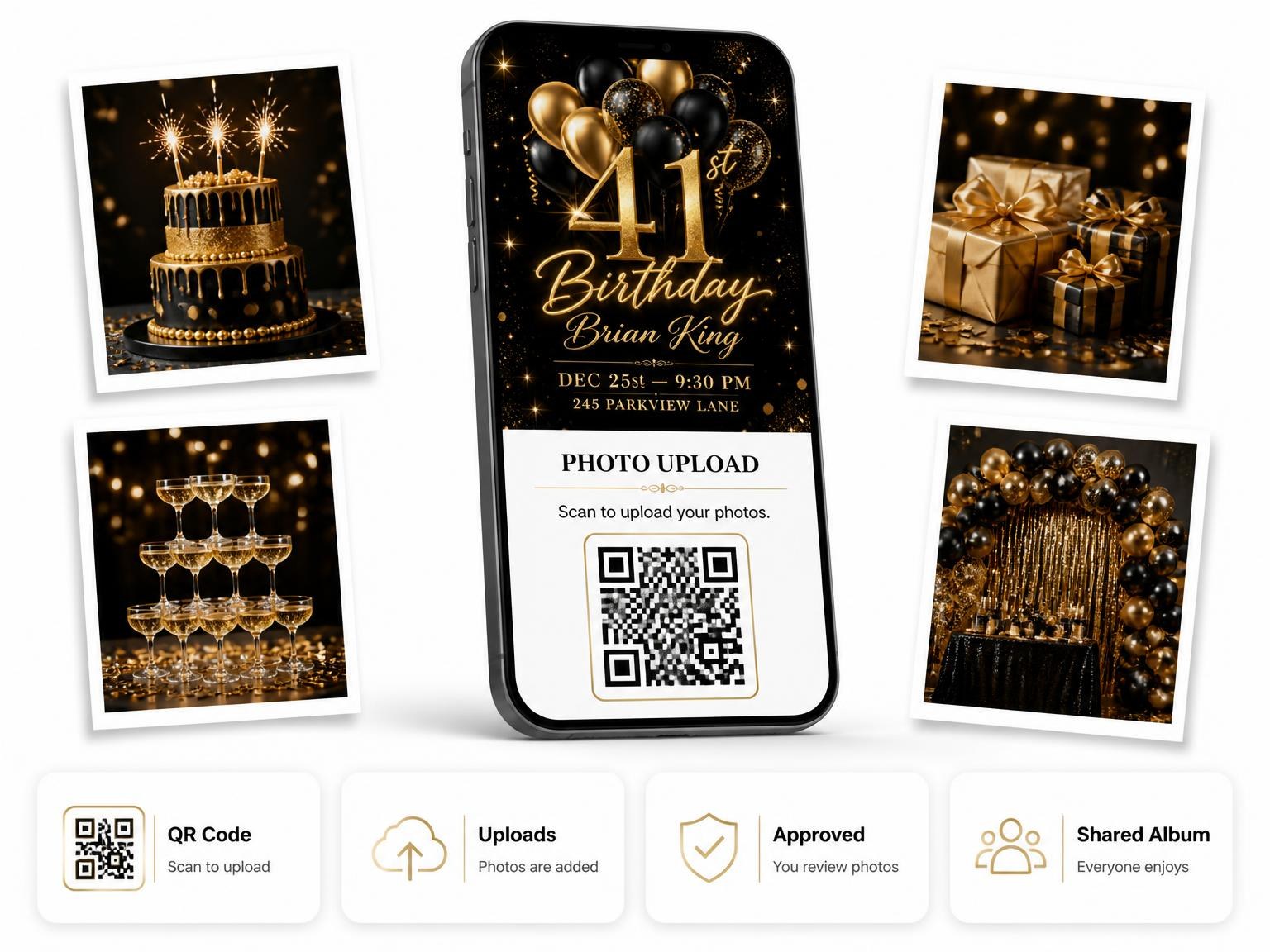 The shared photo gallery that comes with the Black and Gold Balloon 41st Birthday invitation