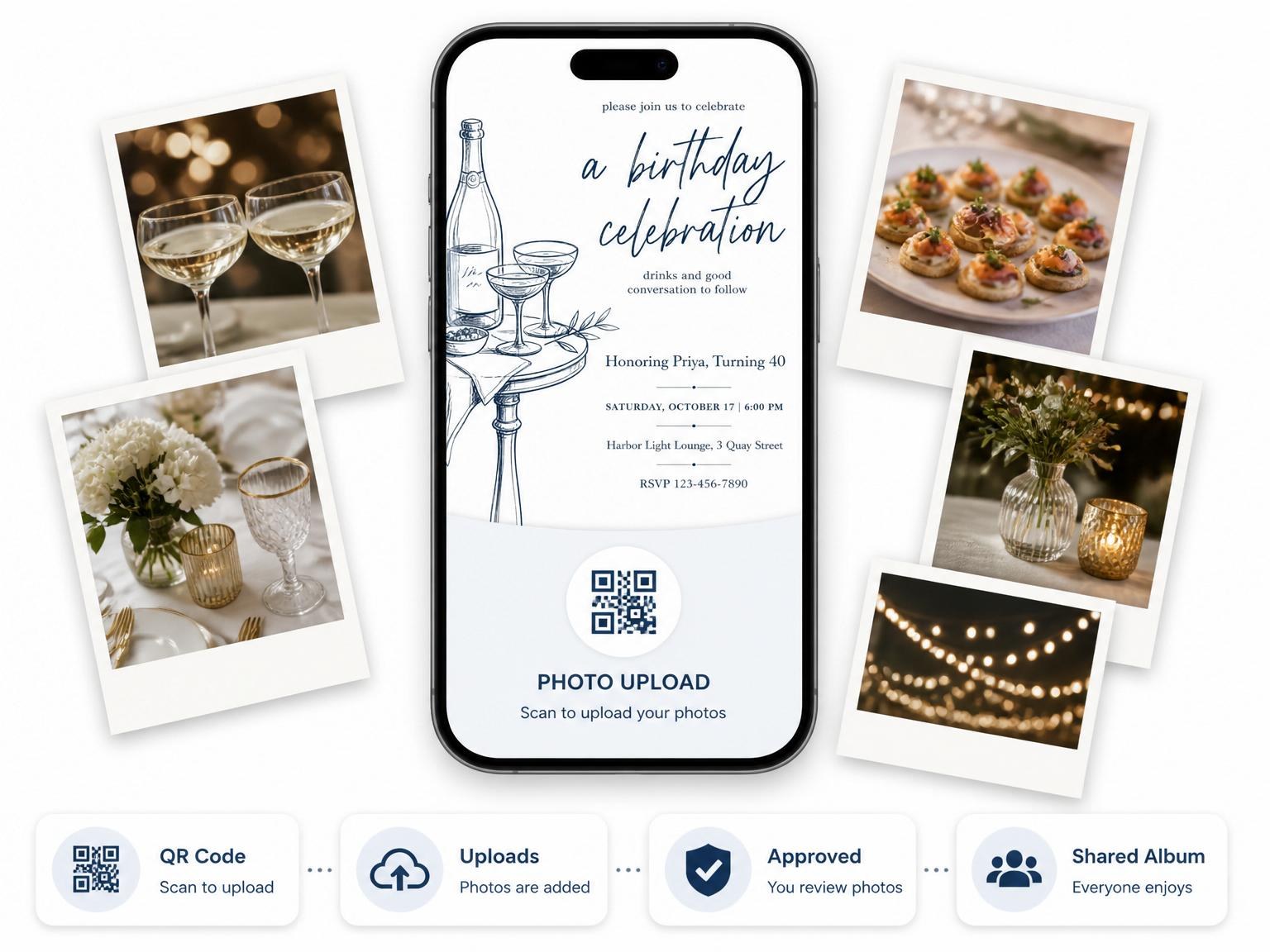 The shared photo gallery that comes with the Navy Ink Sketch Champagne 40th Birthday invitation
