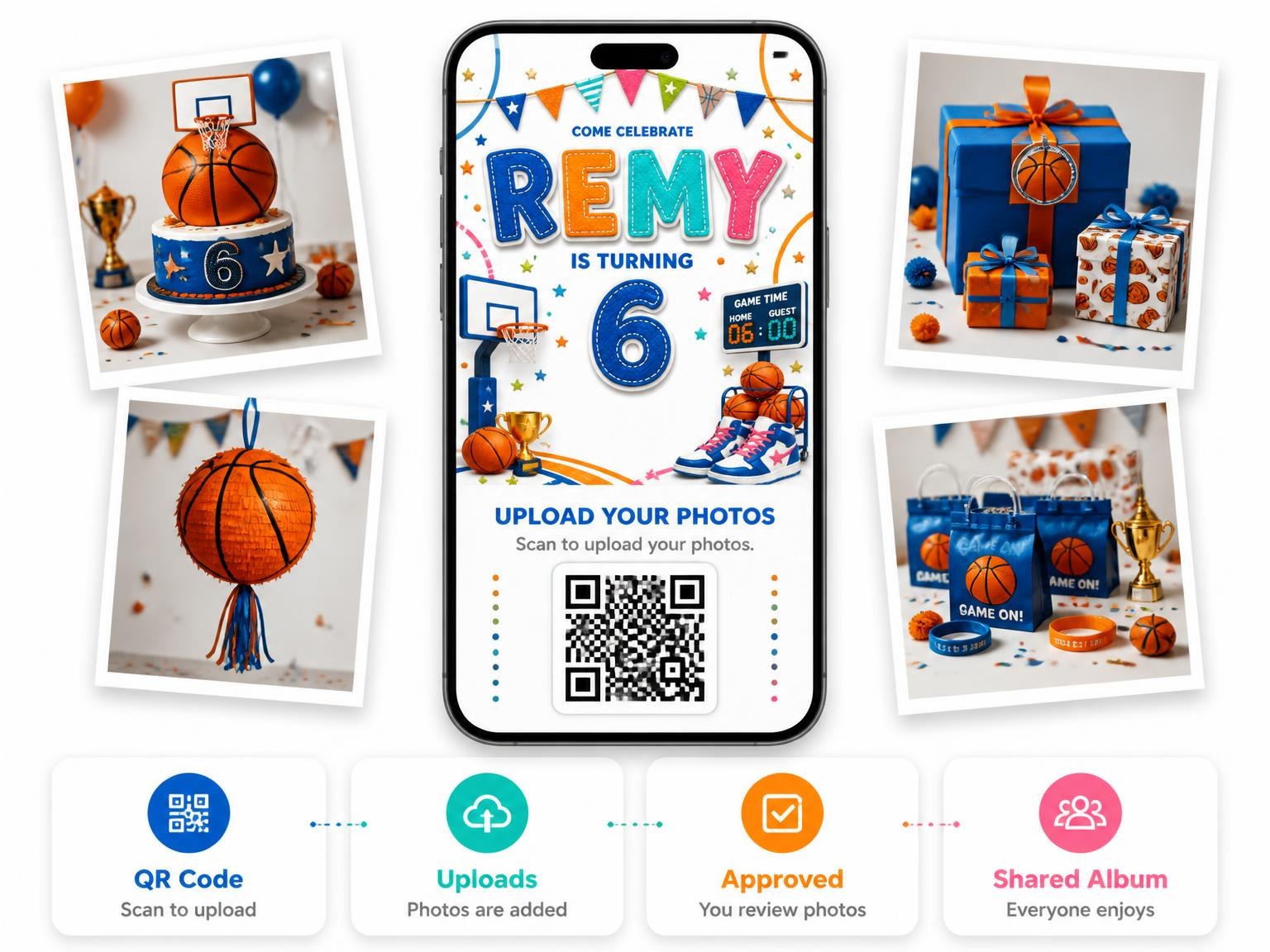 The shared photo gallery that comes with the Stitched Basketball 6th Birthday Invitation invitation