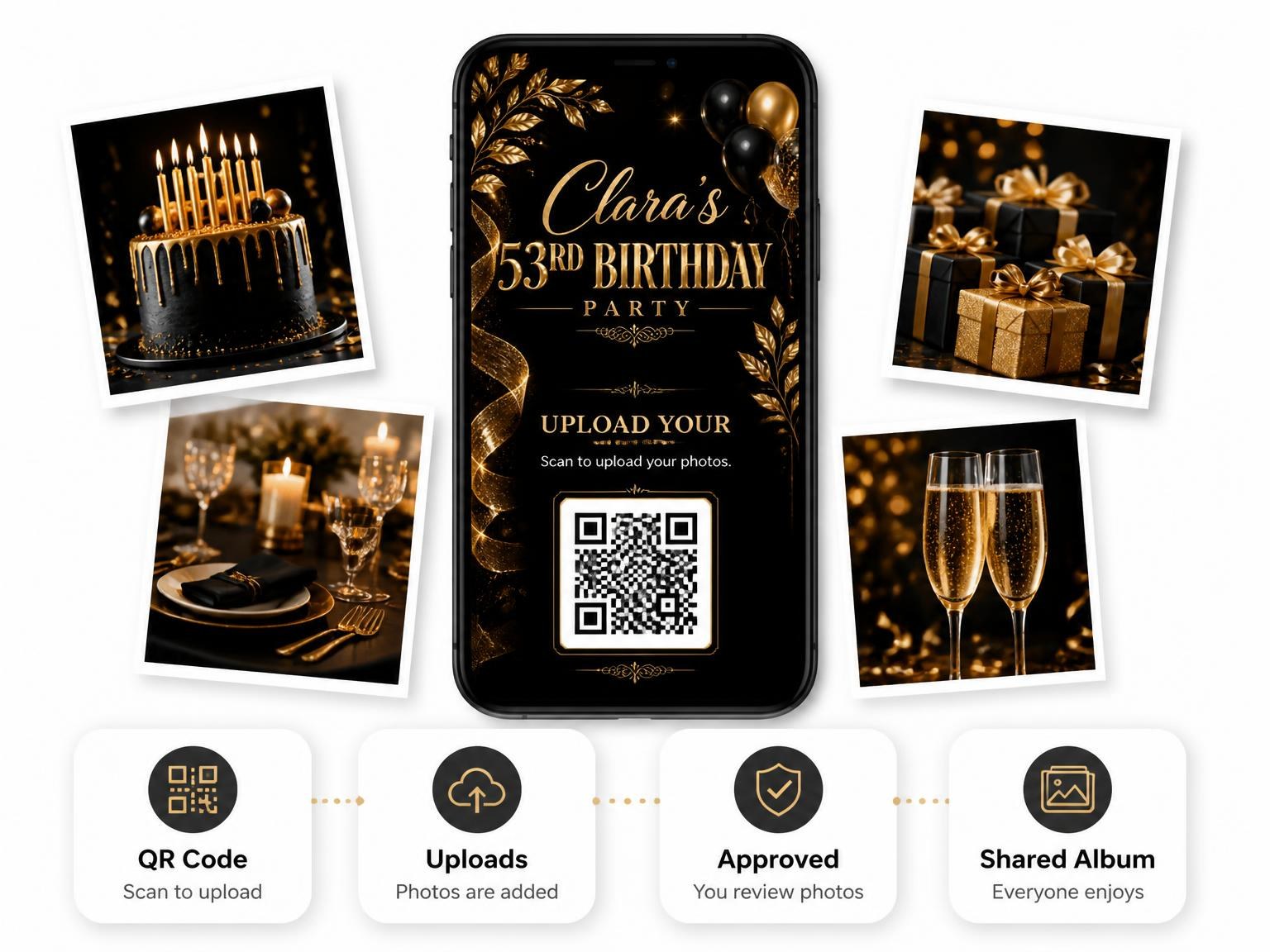 The shared photo gallery that comes with the Black and Gold 53rd Birthday Invitation invitation