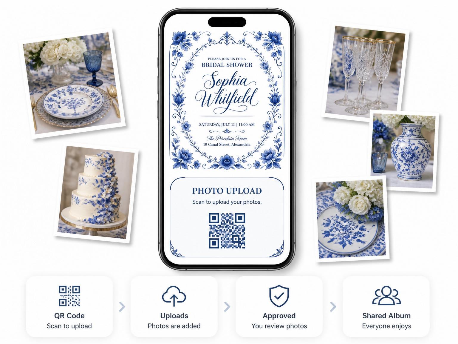 The shared photo gallery that comes with the Delft Blue Porcelain Bridal Shower invitation