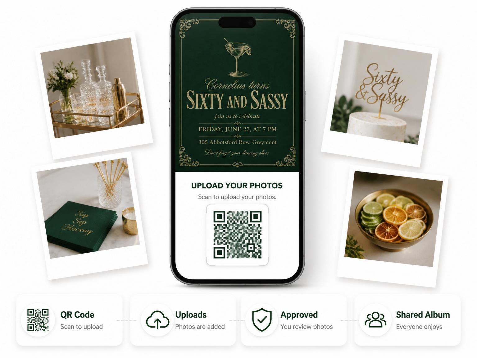 The shared photo gallery that comes with the Forest Green Martini 60th Birthday invitation