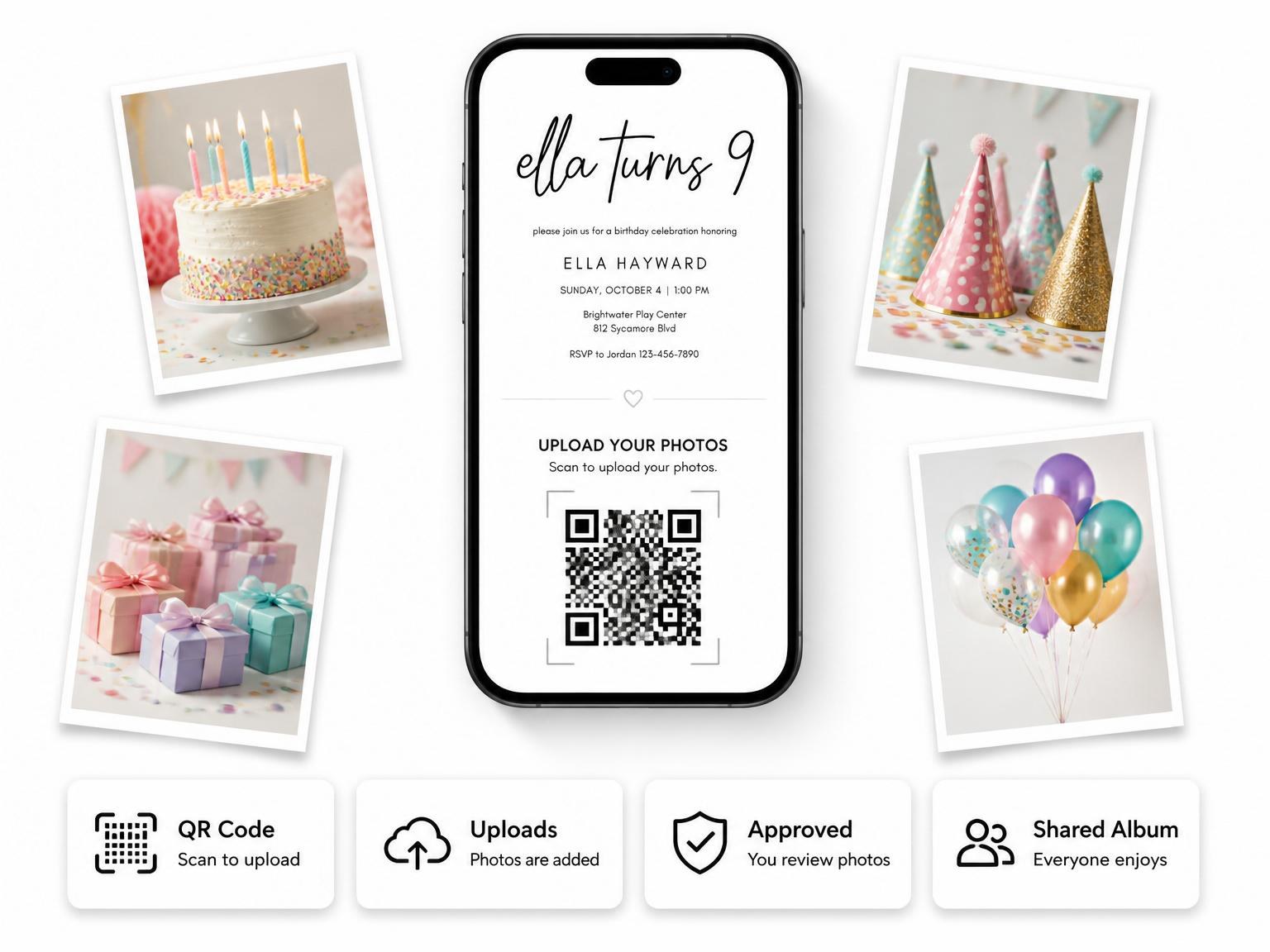 The shared photo gallery that comes with the Minimalist Black and White 9th Birthday invitation