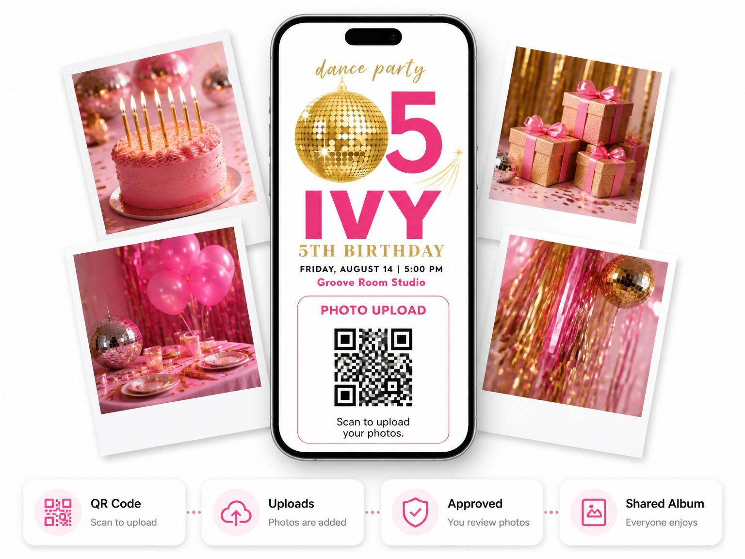 The shared photo gallery that comes with the Gold Disco Ball 5th Birthday invitation