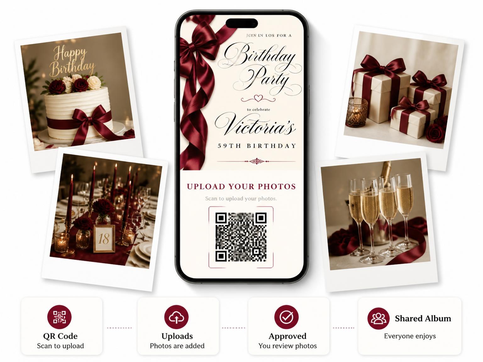 The shared photo gallery that comes with the Burgundy Satin Bow 59th Birthday Invitation invitation