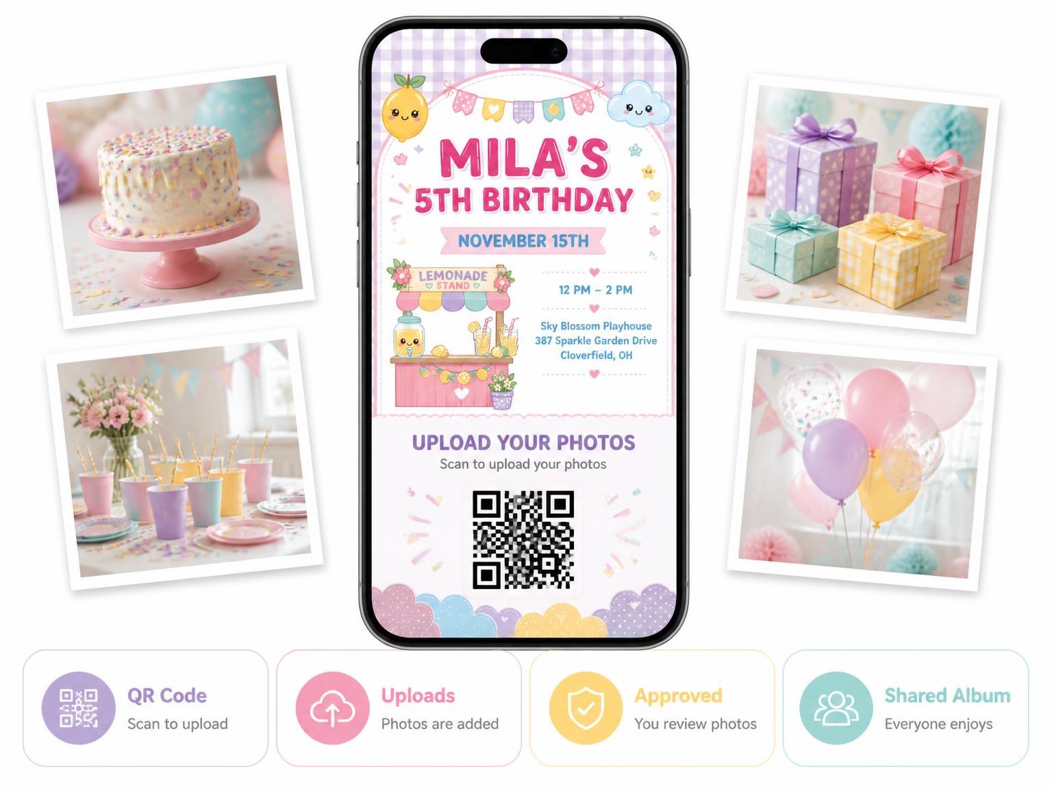 The shared photo gallery that comes with the Lemon Kawaii Pastel 5th Birthday Invitation invitation