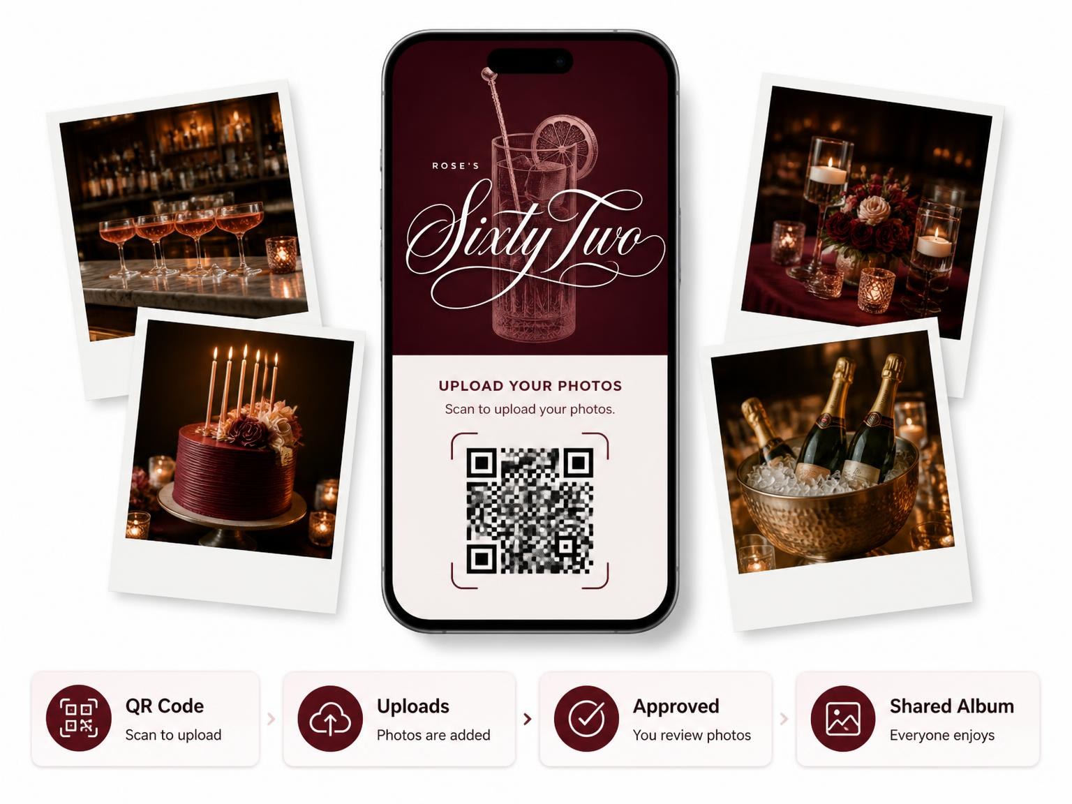 The shared photo gallery that comes with the Burgundy Cocktail 62nd Birthday Invitation invitation