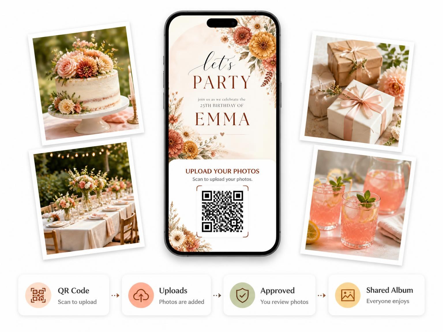 The shared photo gallery that comes with the Terracotta Painted Arch 25th Birthday Invitation invitation