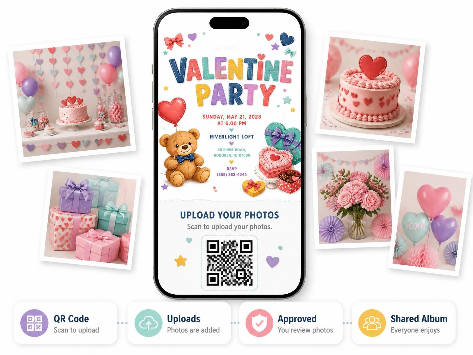 The shared photo gallery that comes with the Teddy Bear Valentine Party Invitation invitation