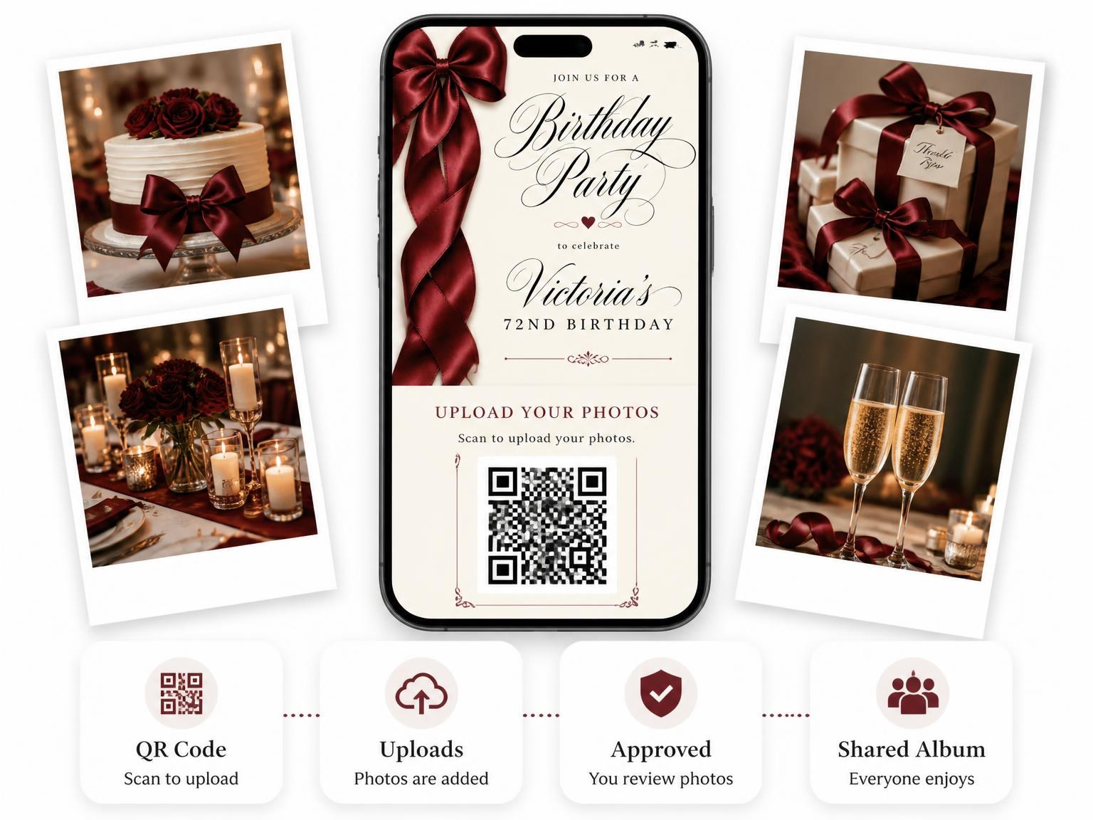 The shared photo gallery that comes with the Burgundy Satin Bow 72nd Birthday Invitation invitation