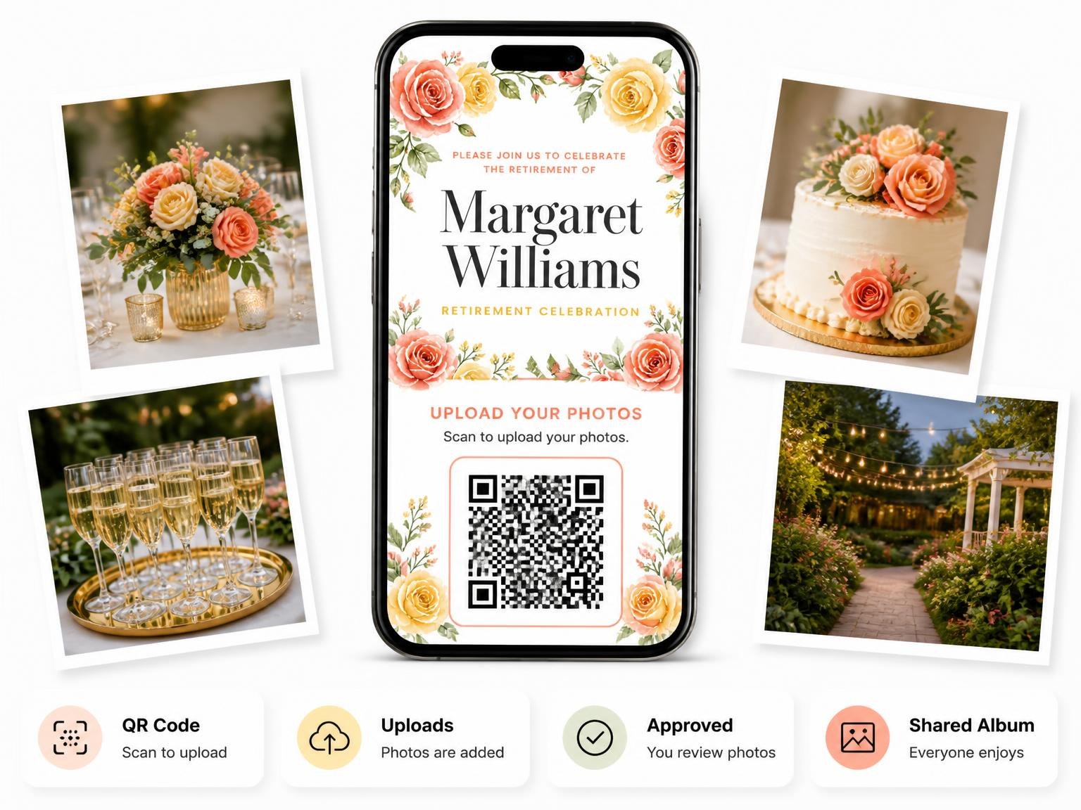 The shared photo gallery that comes with the Roses Foliage Retirement Party Invitation invitation