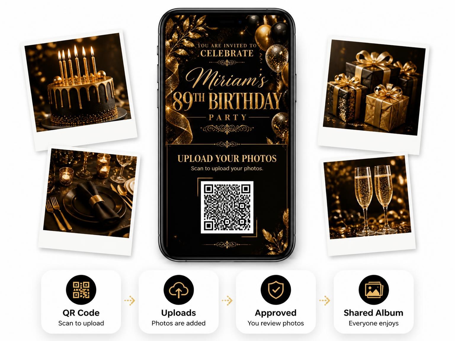 The shared photo gallery that comes with the Black and Gold 89th Birthday Invitation invitation