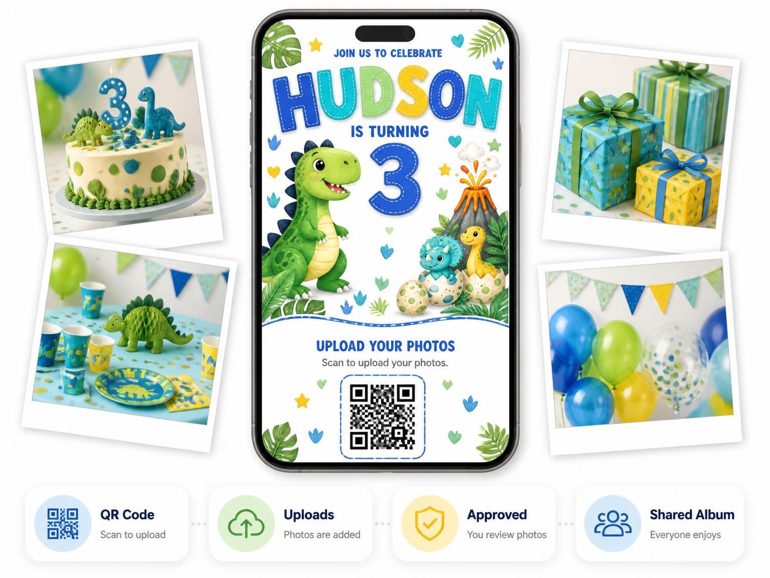 The shared photo gallery that comes with the Erupting Volcano 3rd Birthday Invitation invitation