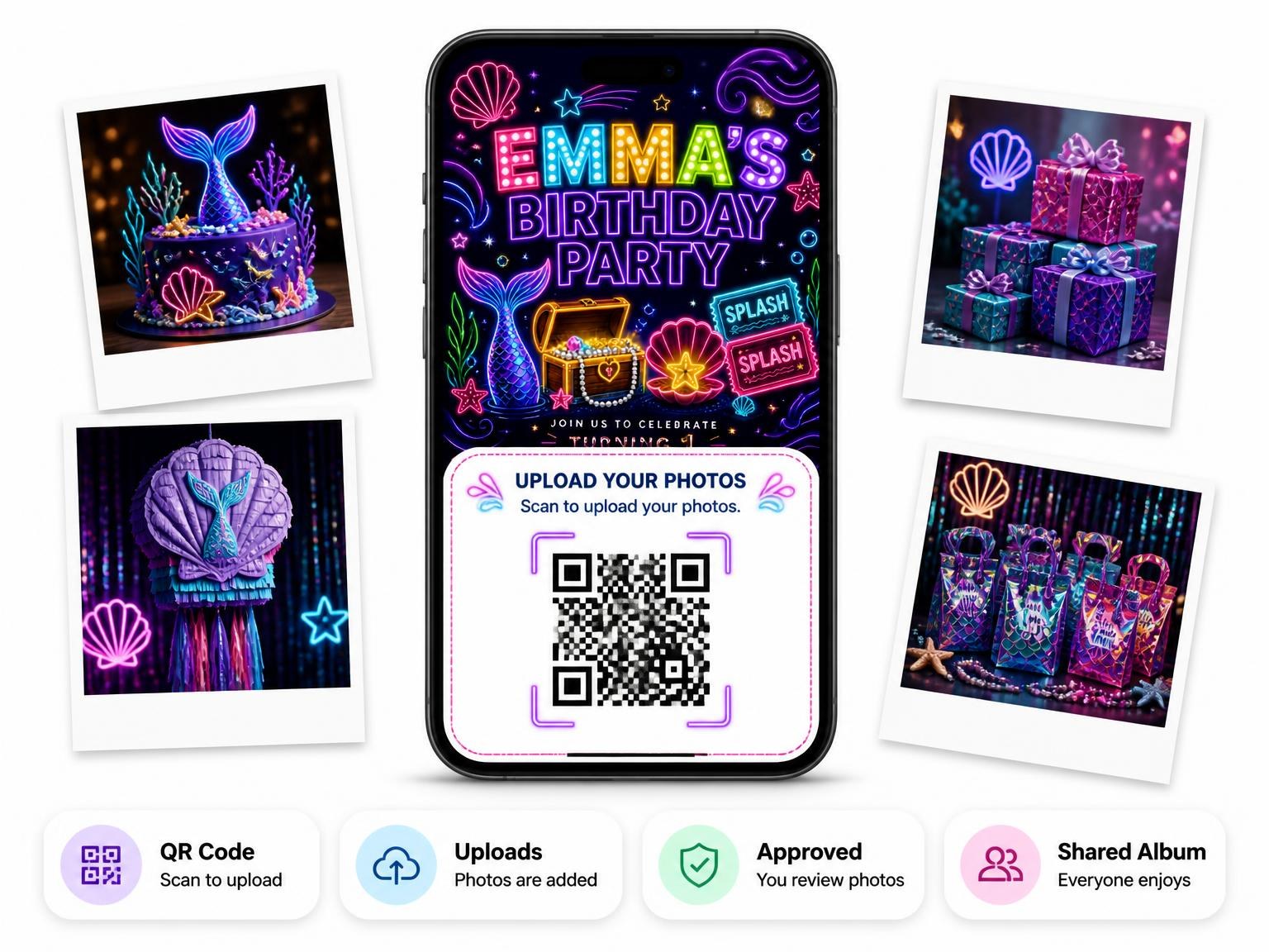 The shared photo gallery that comes with the Neon Mermaid 1st Birthday Invitation invitation