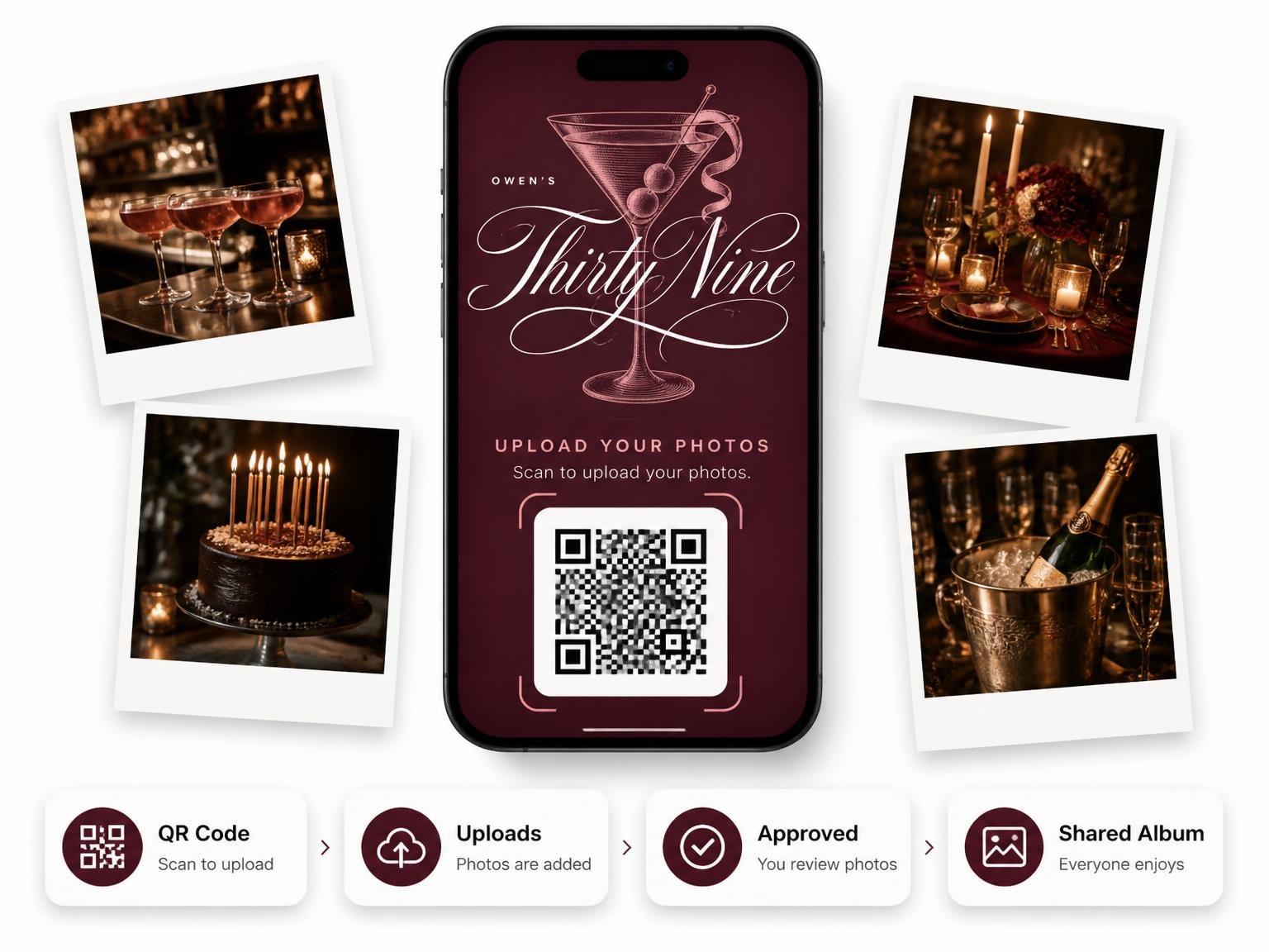 The shared photo gallery that comes with the Burgundy Cocktail 39th Birthday Invitation invitation