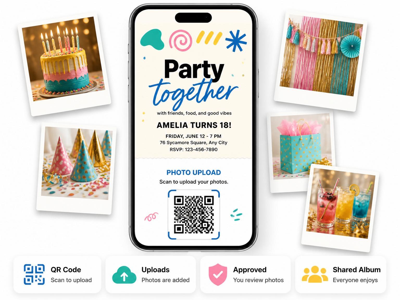 The shared photo gallery that comes with the Abstract Geometric Bright Birthday Invitation invitation