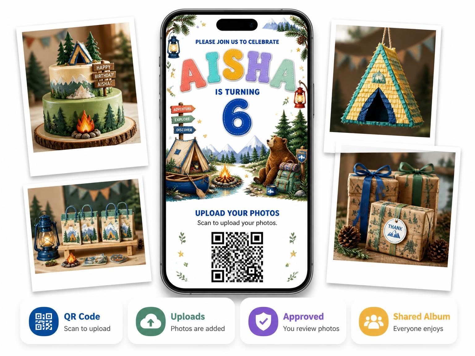 The shared photo gallery that comes with the Stitched Camping 6th Birthday Invitation invitation