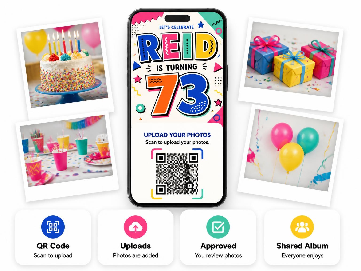 The shared photo gallery that comes with the Memphis Pop 73rd Birthday Invitation invitation