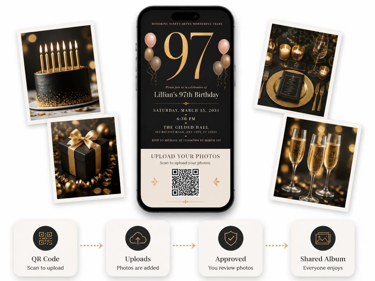The shared photo gallery that comes with the Charcoal and Blush 97th Birthday Invitation invitation