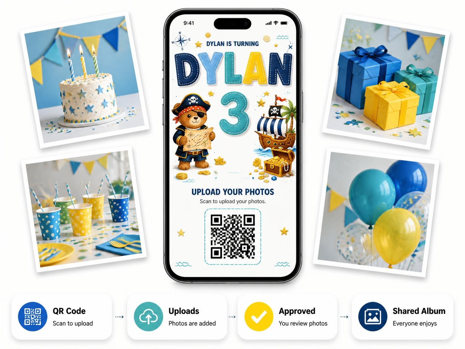 The shared photo gallery that comes with the Pirate Ship Stitched 3rd Birthday Invitation invitation