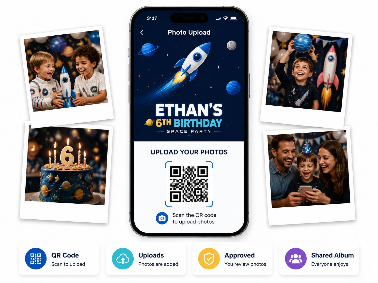 The shared photo gallery that comes with the Cosmic Rocket Ship 6th Birthday Celebration invitation