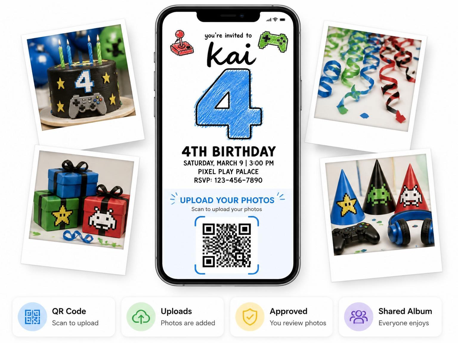 The shared photo gallery that comes with the Pixel Art Gaming 4th Birthday Invitation invitation