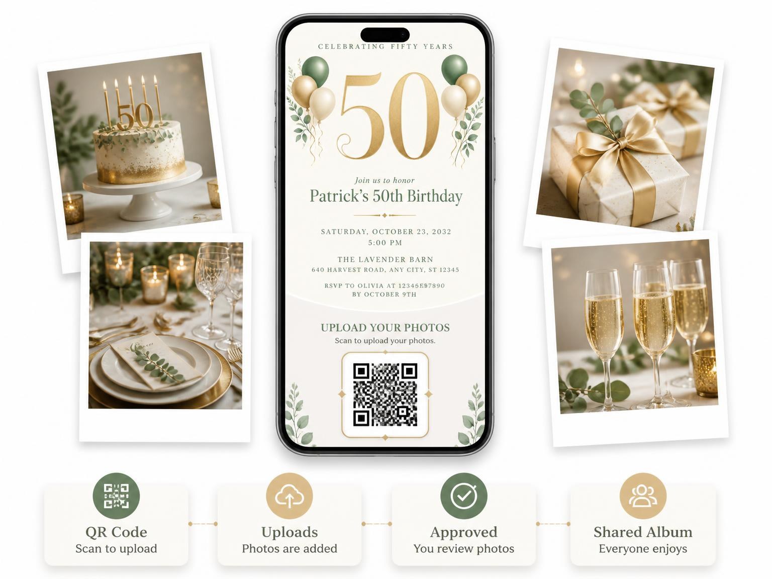 The shared photo gallery that comes with the Sage and Ivory 50th Birthday Invitation invitation