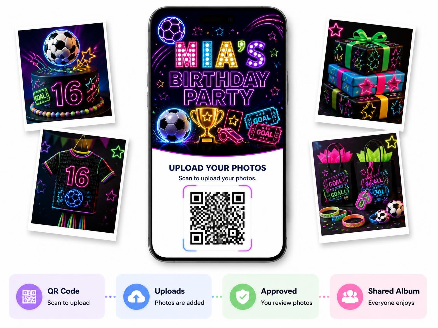 The shared photo gallery that comes with the Neon Soccer 16th Birthday Invitation invitation