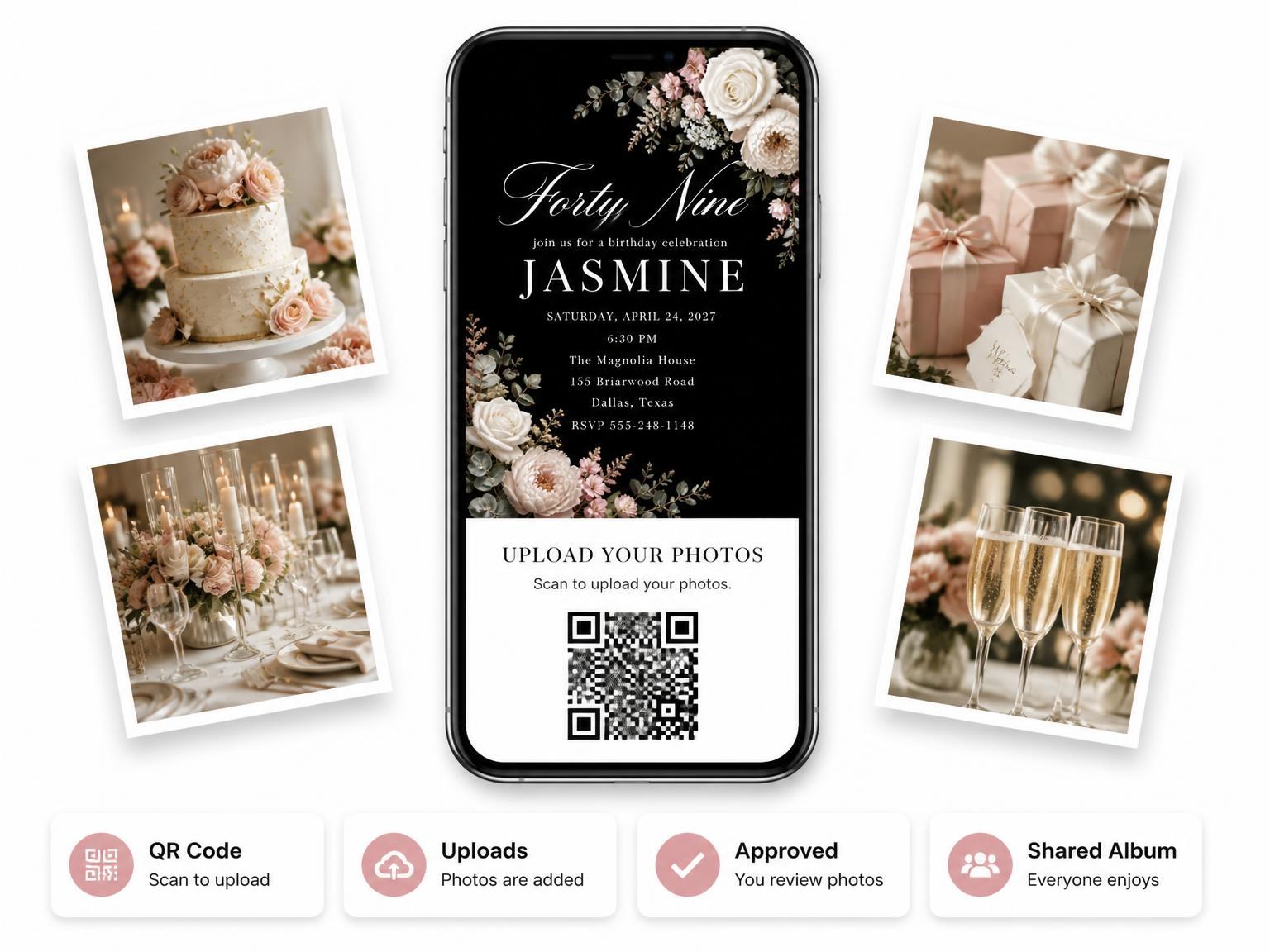 The shared photo gallery that comes with the Black Floral 49th Birthday Invitation invitation