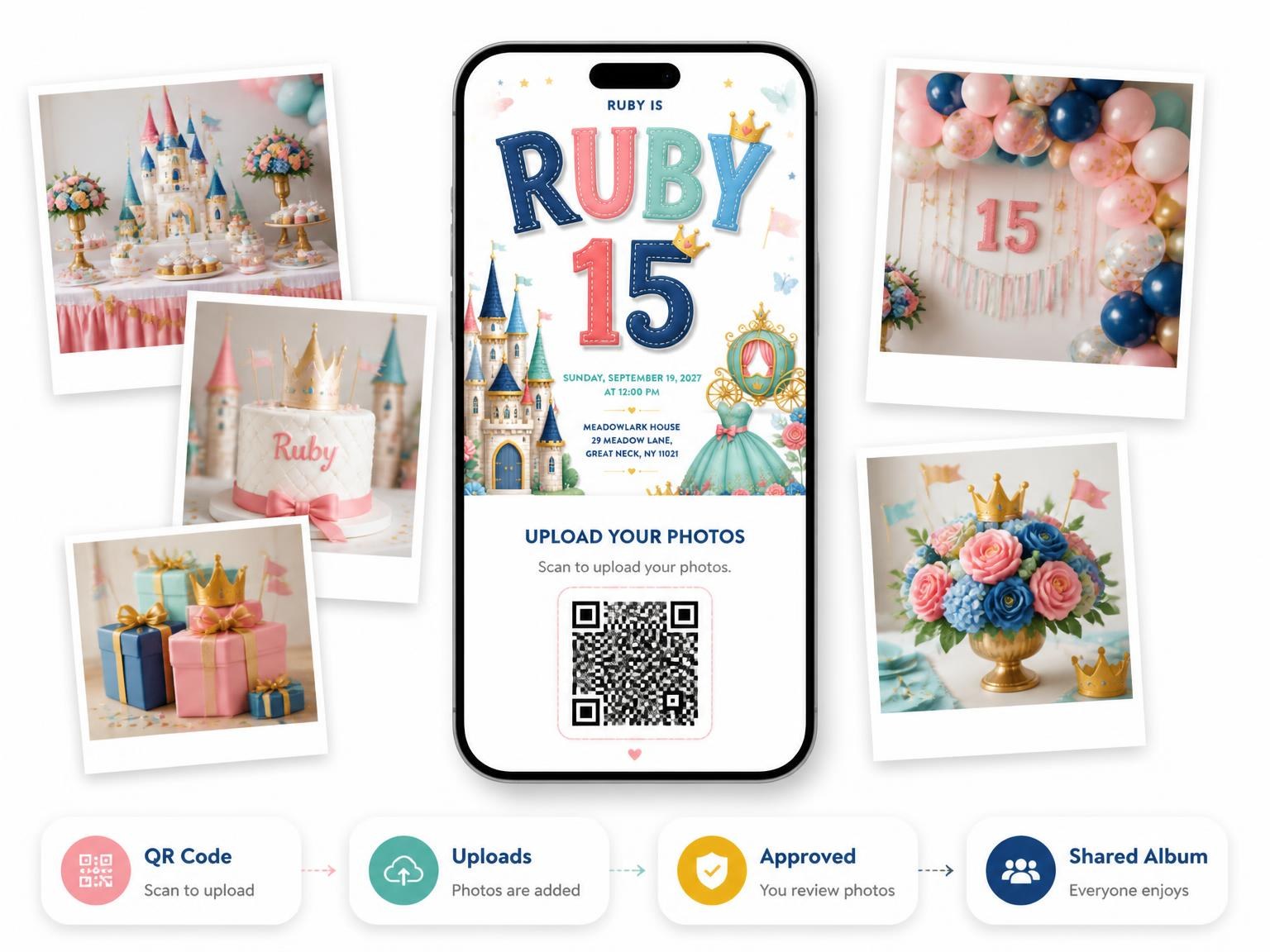 The shared photo gallery that comes with the Castle 15th Birthday Invitation invitation