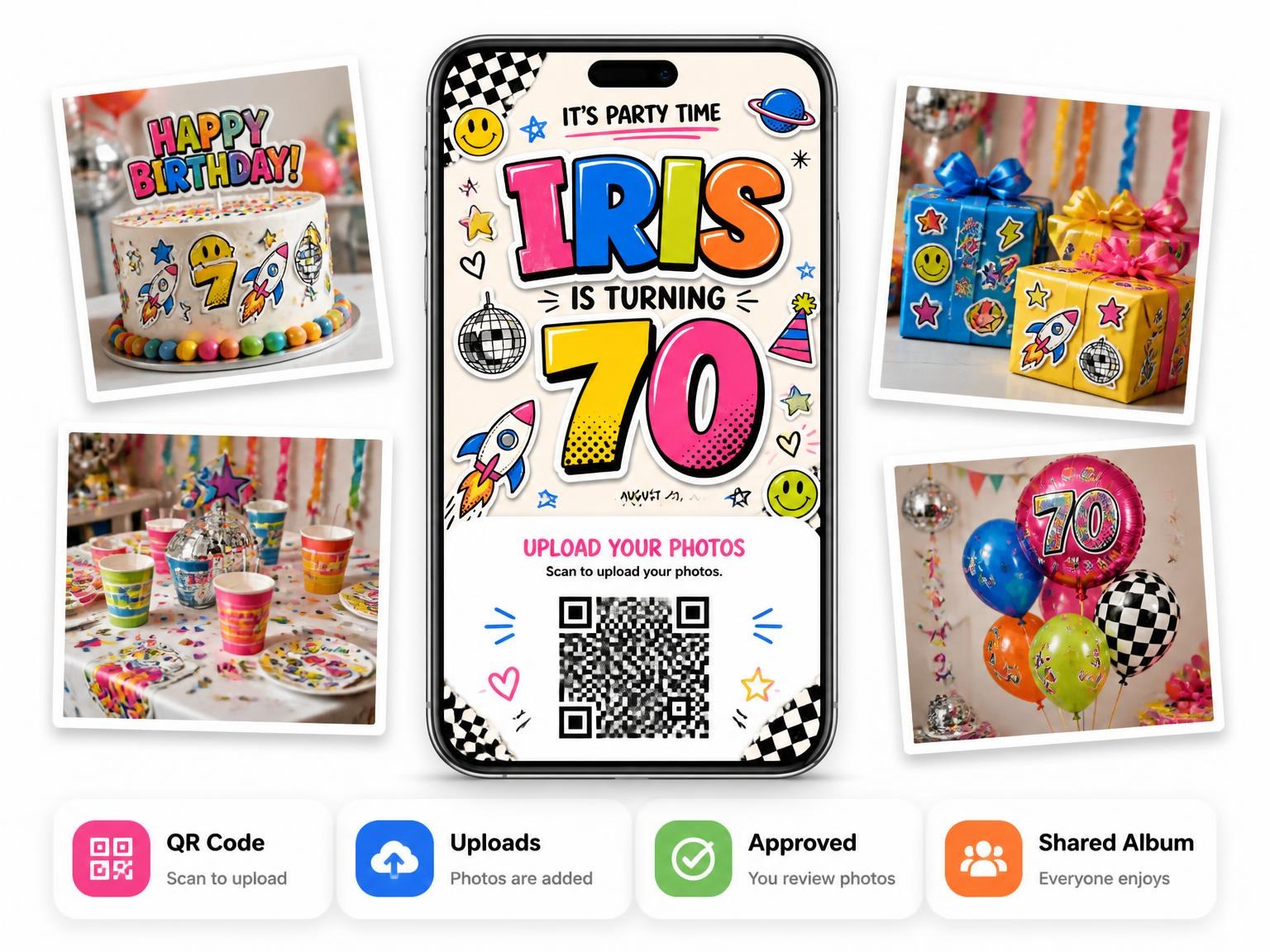 The shared photo gallery that comes with the Sticker Pop 70th Birthday Invitation invitation