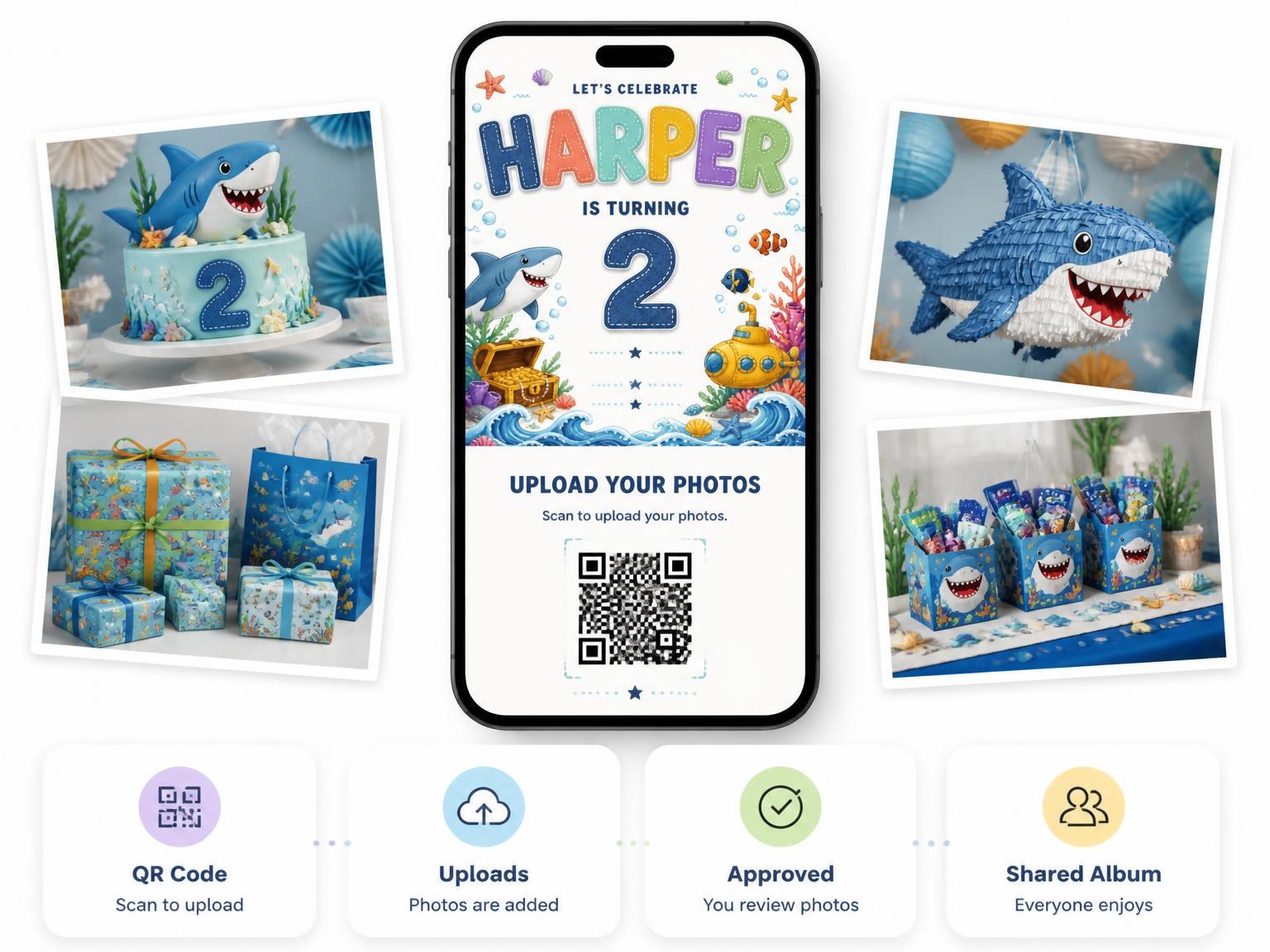 The shared photo gallery that comes with the Stitched Shark 2nd Birthday Invitation invitation