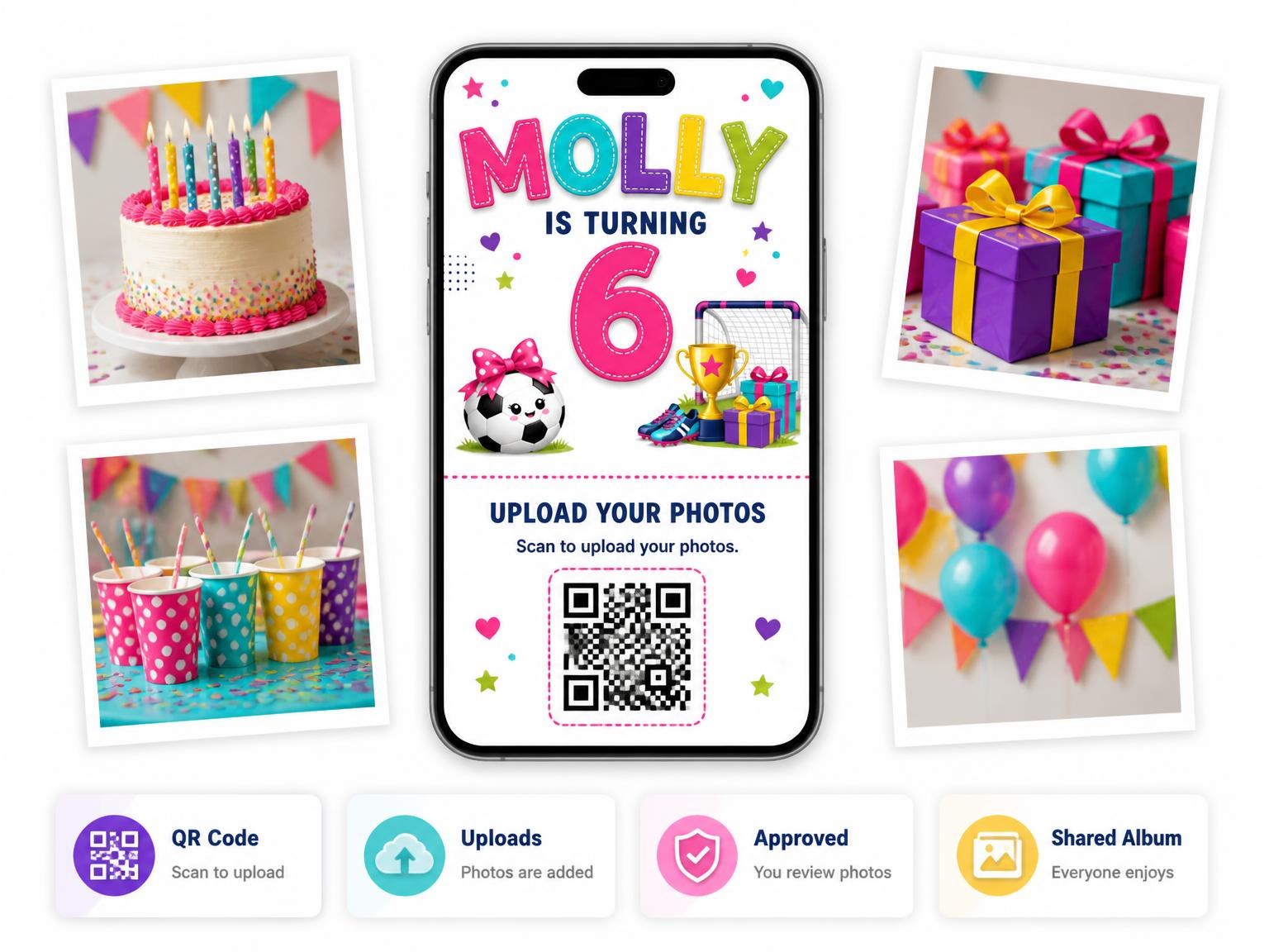 The shared photo gallery that comes with the Pink Soccer 6th Birthday Invitation invitation