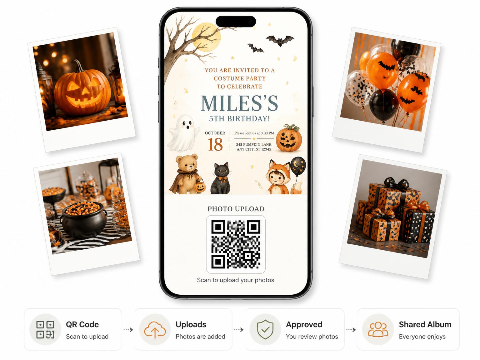 The shared photo gallery that comes with the Little Monsters Halloween 5th Birthday Party invitation