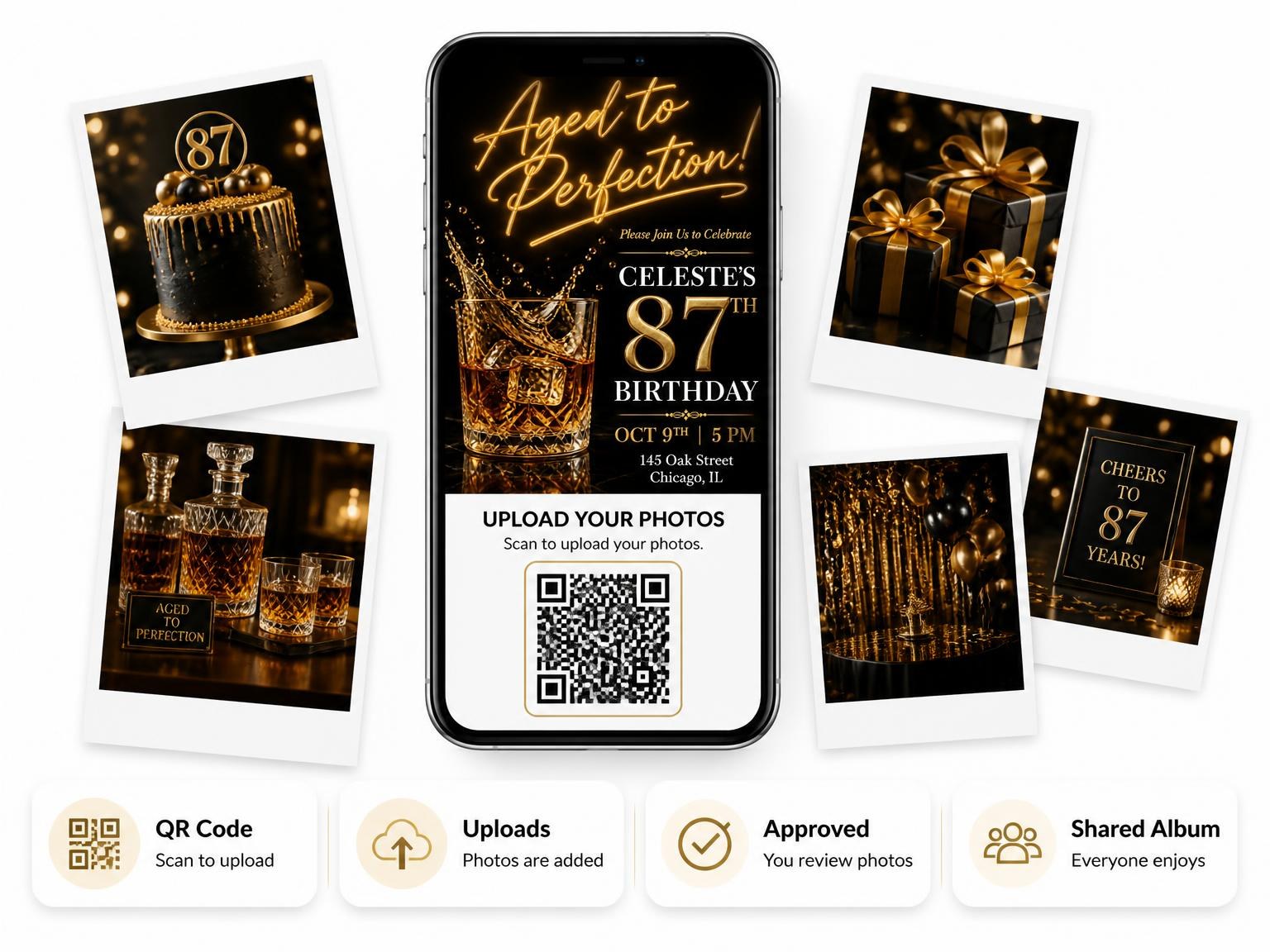 The shared photo gallery that comes with the Whiskey Tumbler 87th Birthday Invitation invitation