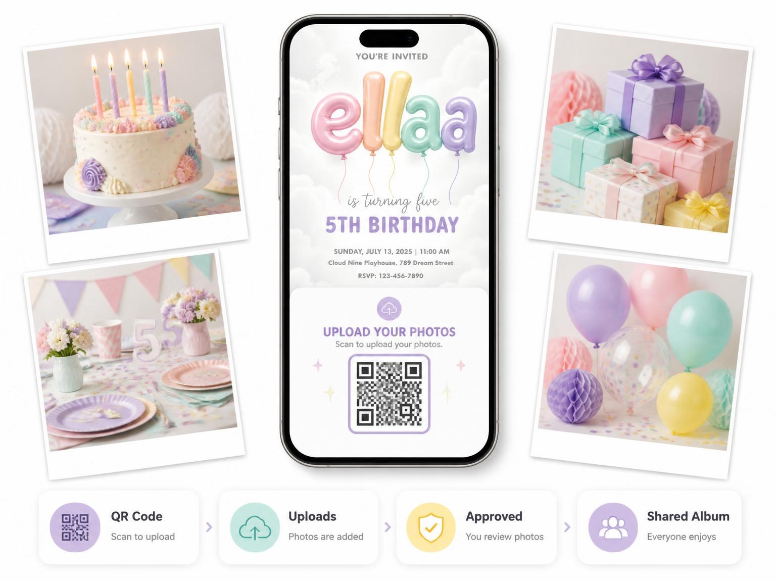 The shared photo gallery that comes with the Pastel Balloon Unicorn 5th Birthday invitation