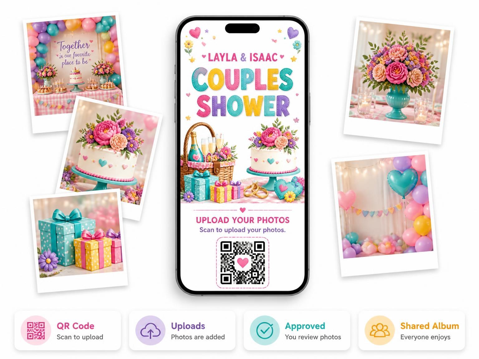 The shared photo gallery that comes with the Picnic Basket Couples Shower Invitation invitation