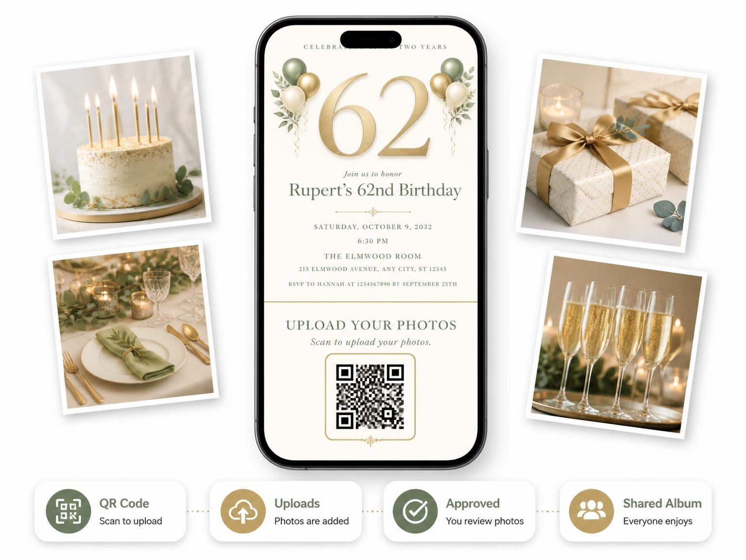 The shared photo gallery that comes with the Sage and Ivory 62nd Birthday Invitation invitation