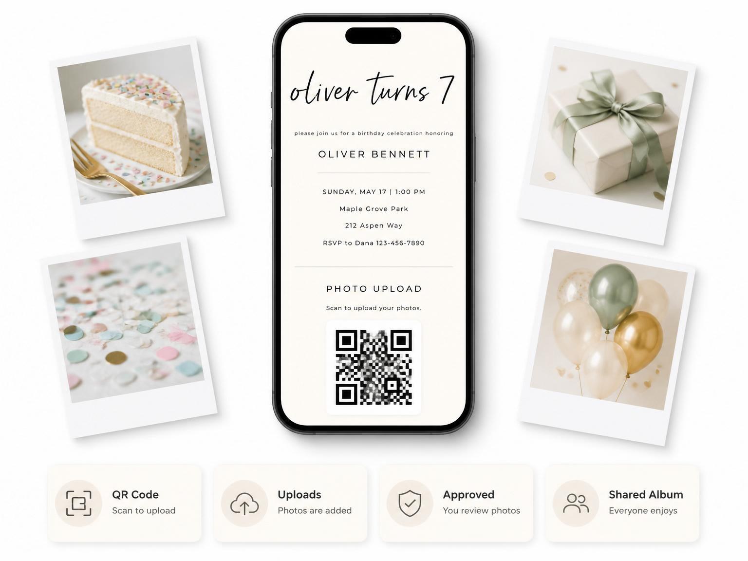 The shared photo gallery that comes with the Cream Black Minimalist 7th Birthday Invitation invitation