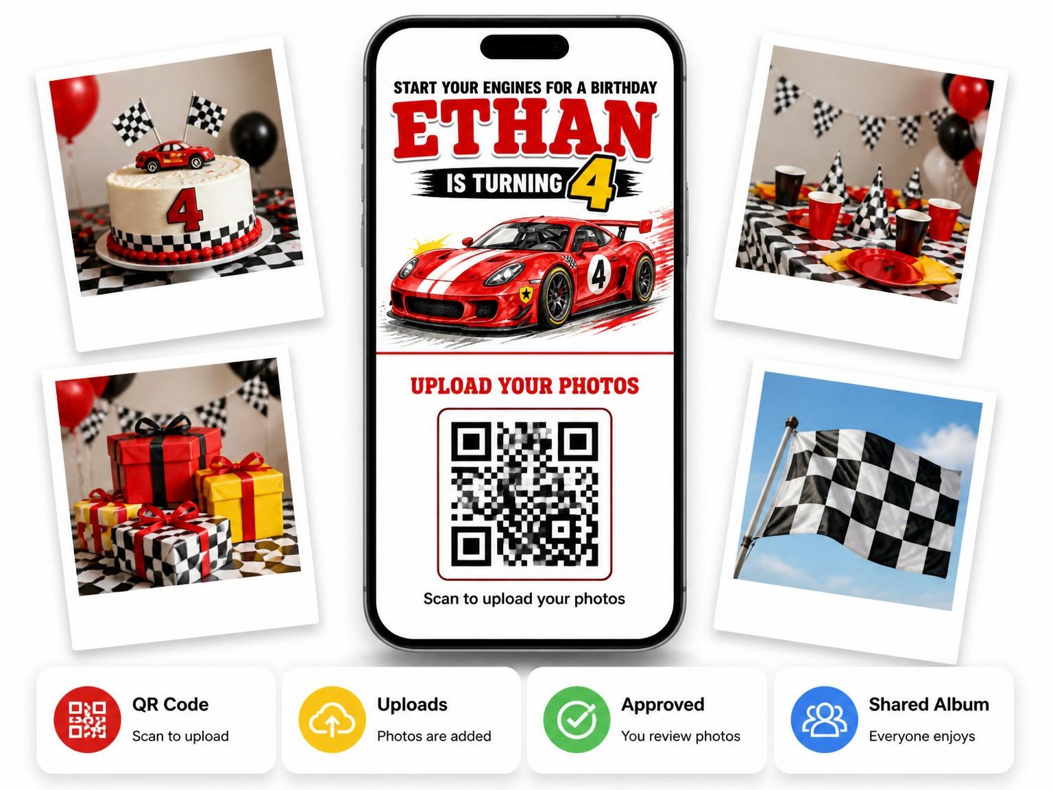 The shared photo gallery that comes with the Red Sports Car 4th Birthday invitation