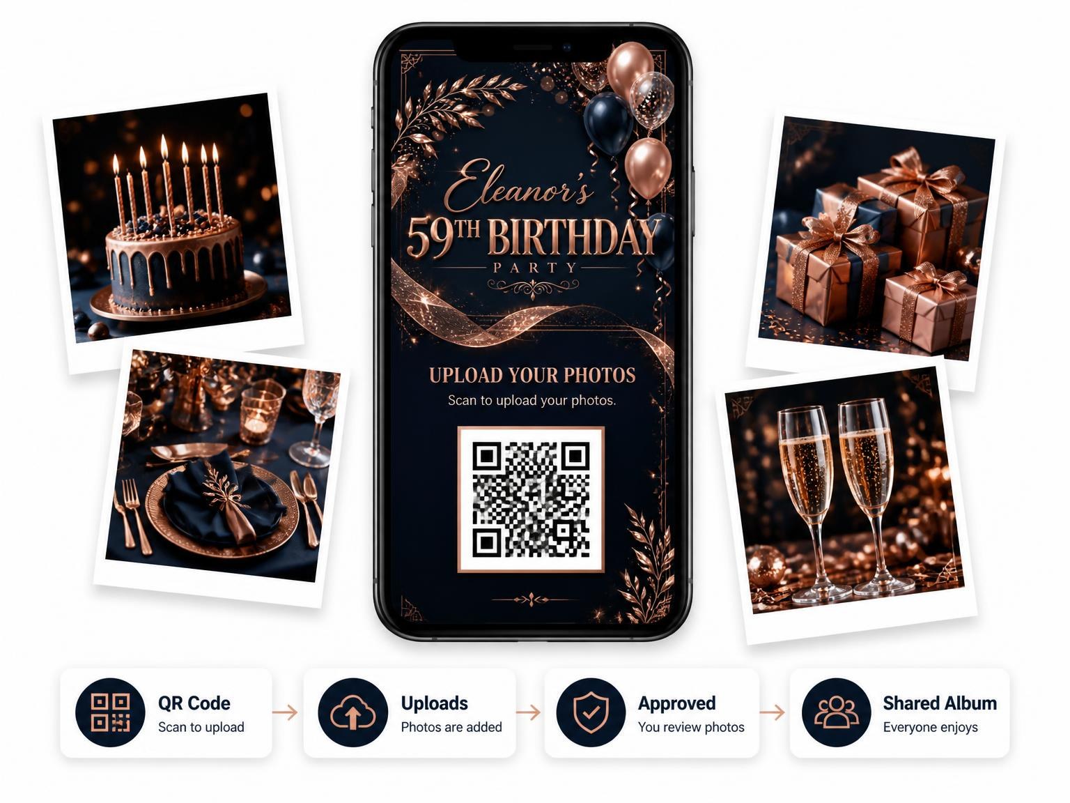 The shared photo gallery that comes with the Navy and Rose Gold 59th Birthday Invitation invitation