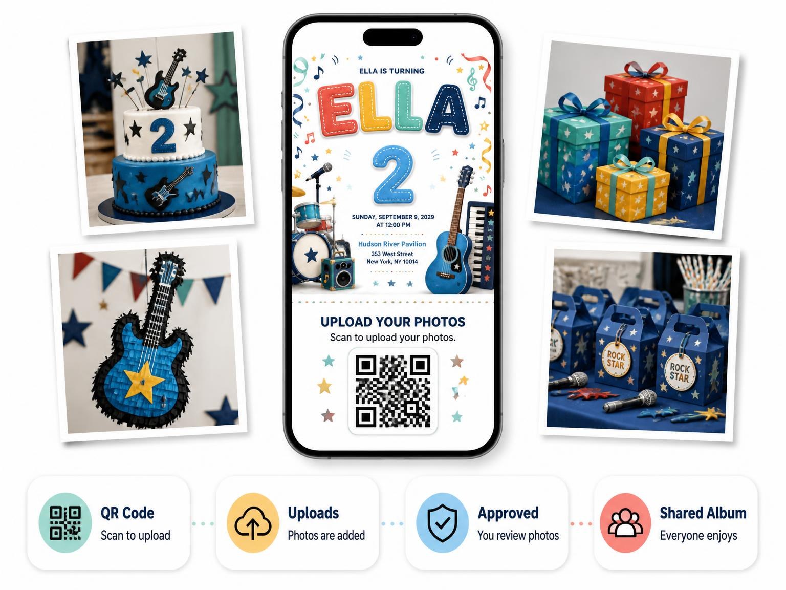 The shared photo gallery that comes with the Stitched Rock Star 2nd Birthday Invitation invitation