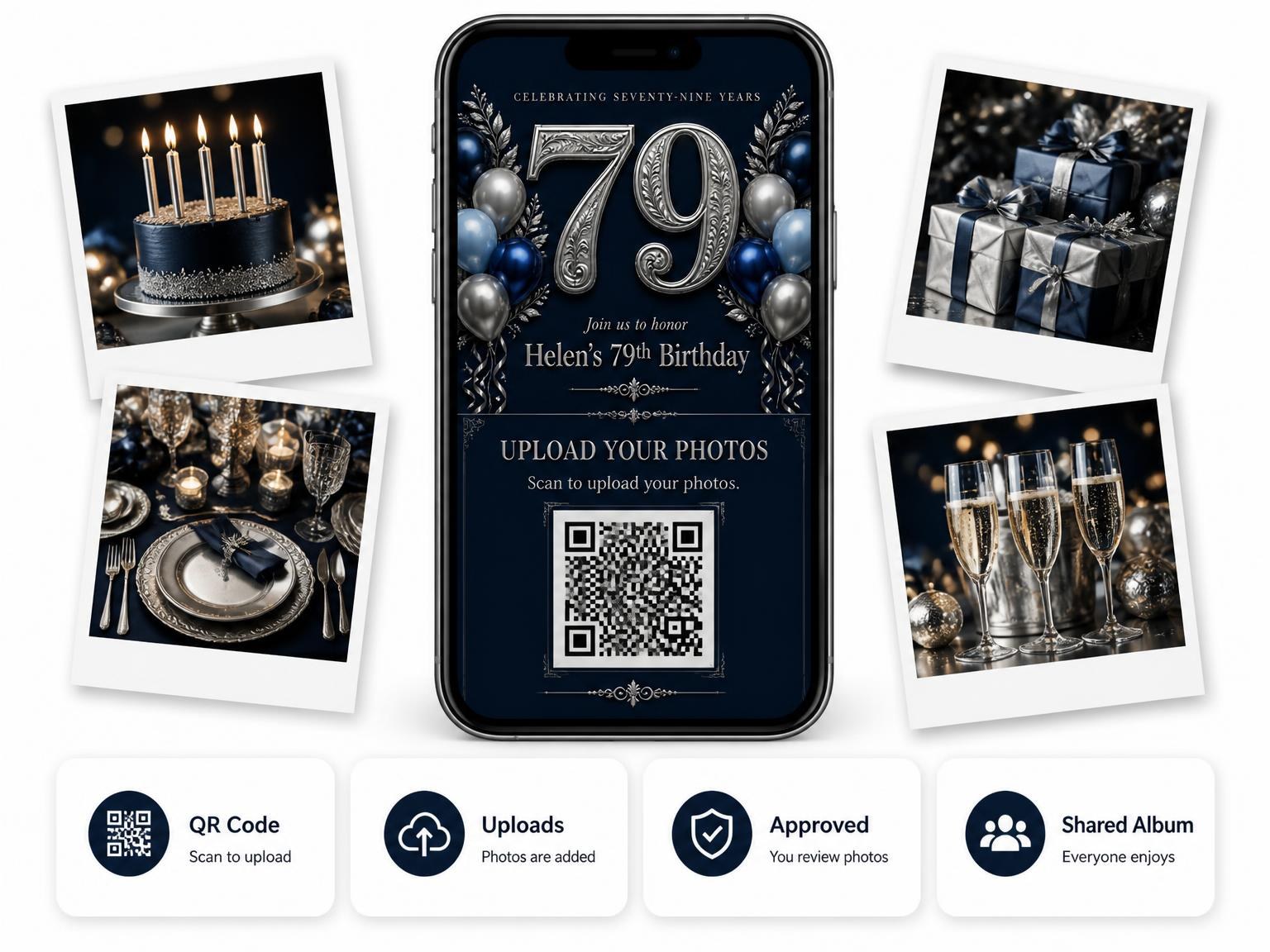 The shared photo gallery that comes with the Navy and Silver 79th Birthday Invitation invitation